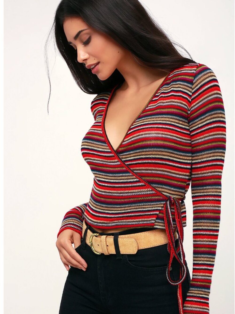 Lulus Only Love Red Multi Striped Wrap Sweater Top